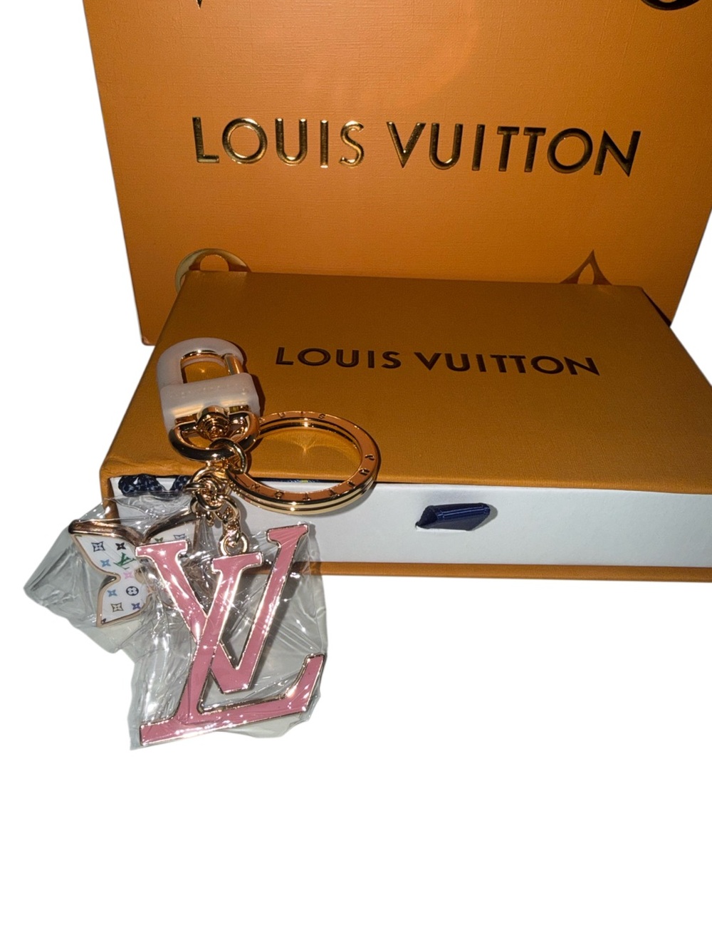 Designer-Inspired Pink Logo Bag Charm Keychain Multicolor Floral Accent